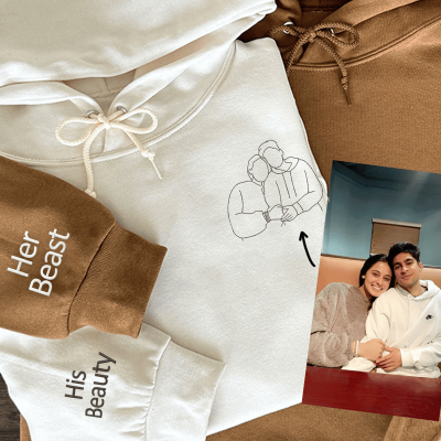 Embroidered Beauty and The Beast Custom Hoodies or Sweatshirts from Your Photo, Personalized Couple Sweatshirt, Couple Embroidered Sweatshirt, Valentine's Day Gifts Idea For Him Her-Mevshero - Image 3