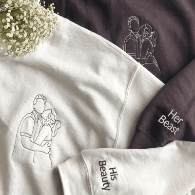 Embroidered Beauty and The Beast Custom Hoodies or Sweatshirts from Your Photo, Personalized Couple Sweatshirt, Couple Embroidered Sweatshirt, Valentine's Day Gifts Idea For Him Her-Mevshero